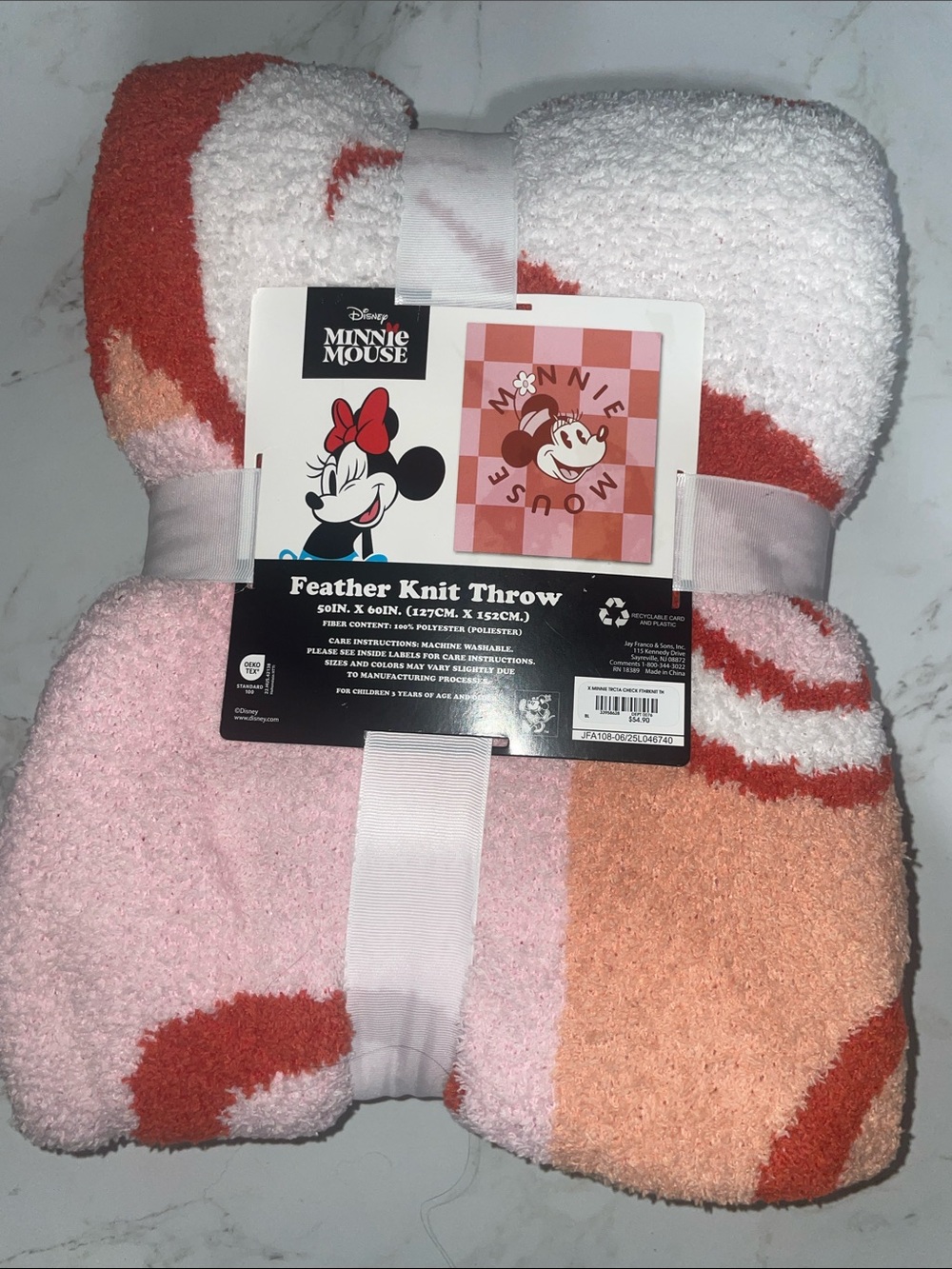 Disney Minnie Mouse Feather Knit Throw in White, Pink, Peach & Coral